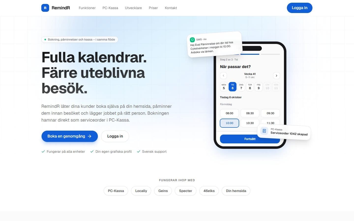 Skärmdump av RemindR: Bokningssystem där kunderna bokar själva, får SMS-påminnelser och där bokningen hamnar direkt som serviceorder i PC-Kassa.